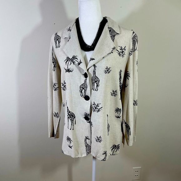 Michael Taylor sz med blazer lightweight rayon/linen blend natural / black print - Picture 1 of 12